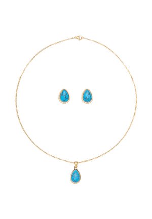 Goldene Halskette mit Kette und passenden Ohrsteckern mit tropfenförmigen blauen Türkissteinen und goldenen Fassungen.