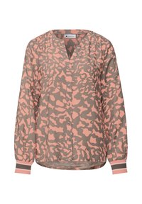 Blouse à manches longues avec col en V, motif abstrait rose et beige, dotée de boutons sur le devant et de manches froncées avec poignets rayés.