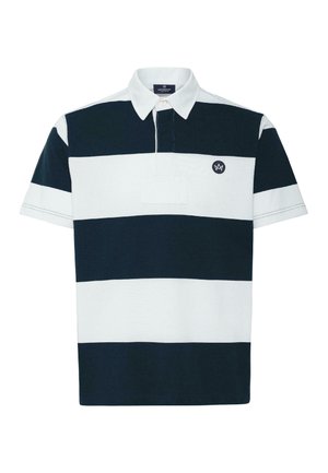 Lühikeste varrukatega ragbipluus, millel on laiad horisontaalsed tumesinised ja valged triibud, valge krae ning vasakul rinnal väike ümmargune logo.