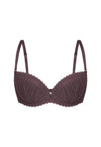 Biustonosz w ciemnym mauve z koronką w falisty wzór, z poduszkami w miseczkach, regulowanymi ramiączkami, falbaniastymi krawędziami oraz złotym akcentem na przedzie.