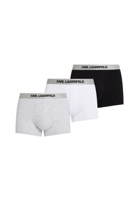 Boxer-culottes en gris, blanc et noir. Fabriqués en coton avec un ajustement ajusté, dotés d'une ceinture douce portant l'inscription "KARL LAGERFELD."