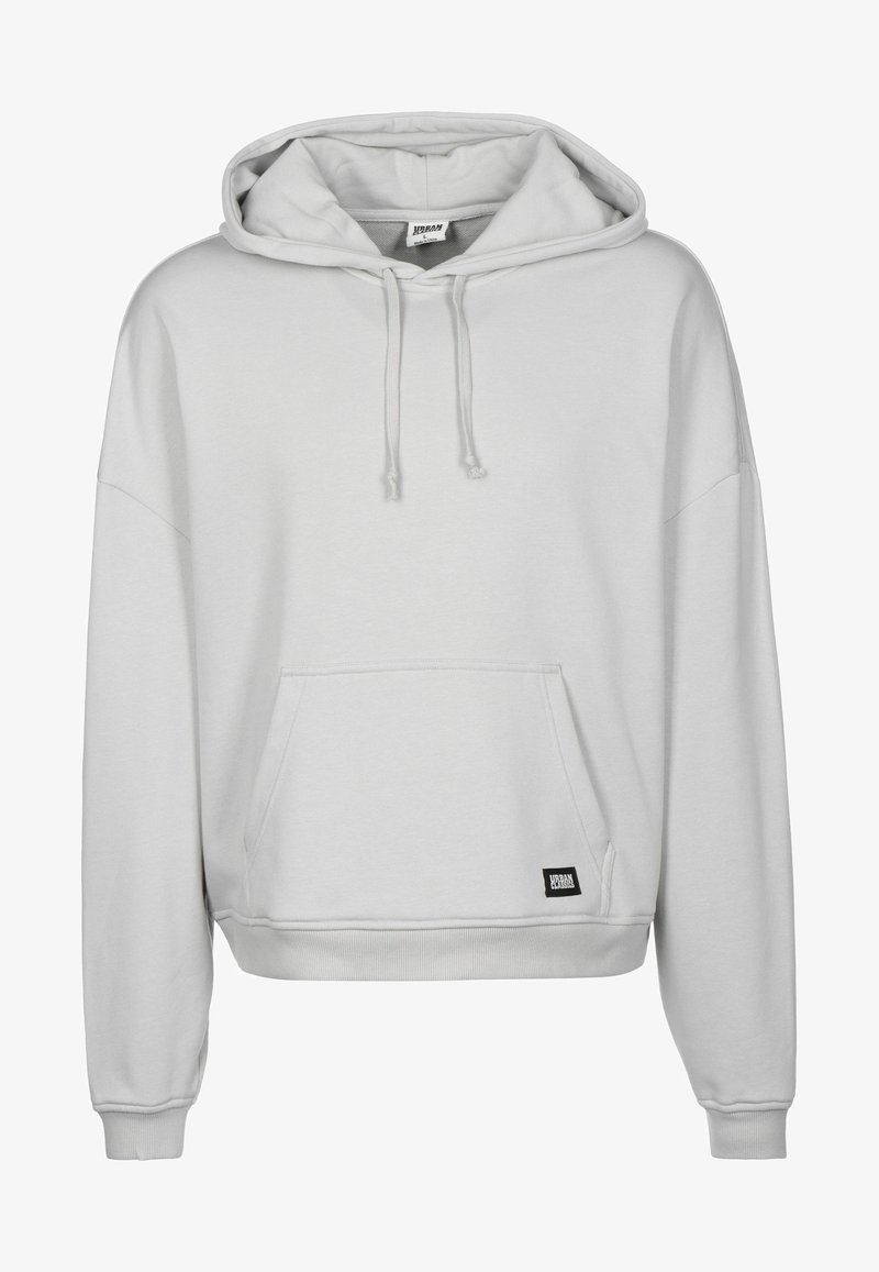 Sudadera gris claro con capucha ajustable, bolsillo frontal tipo pouch, hombros caídos, puños y dobladillo de canalé, hecha de una suave mezcla de algodón.