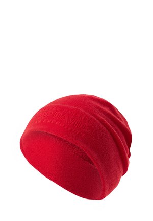 Red fleece beanie with a soft texture, featuring a slightly slouchy design and embossed logo detail around the band.