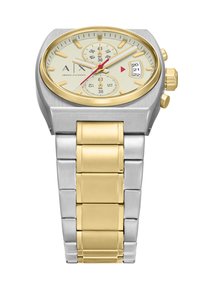 Orologio in acciaio inossidabile e con finitura dorata, con cassa quadrata, quadrante giallo chiaro, tre sotto-quadranti e bracciale a maglie bicolore.