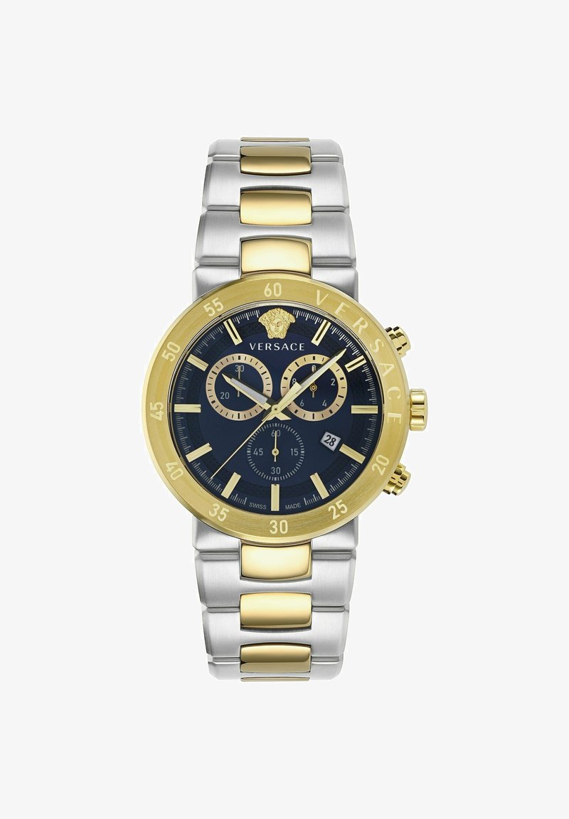 Silver and gold-tone stainless steel watch with a navy blue dial, chronograph features, and a date function at 6 o'clock. "VERSACE" logo on bezel.