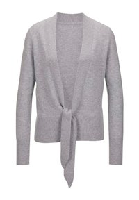 Grijze gebreide cardigan met een striksluiting aan de voorkant, geribbelde manchetten en onderrand, met een zachte textuur en een open voorkant.