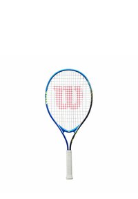 Eine blau-schwarze Tennisschläger mit einem weißen Griff. Sie verfügt über ein Gittermuster und ein auffälliges rotes "W"-Logo auf dem Schlägerkopf.