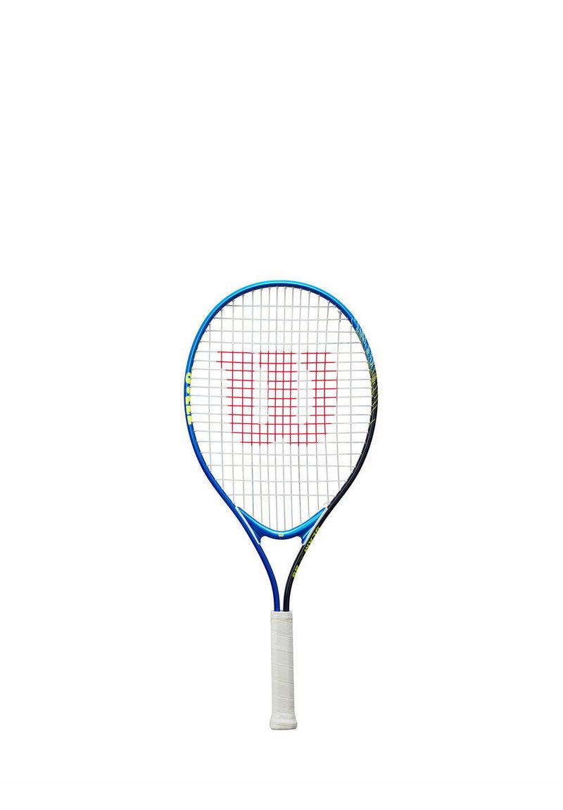 Eine blau-schwarze Tennisschläger mit einem weißen Griff. Sie verfügt über ein Gittermuster und ein auffälliges rotes "W"-Logo auf dem Schlägerkopf.