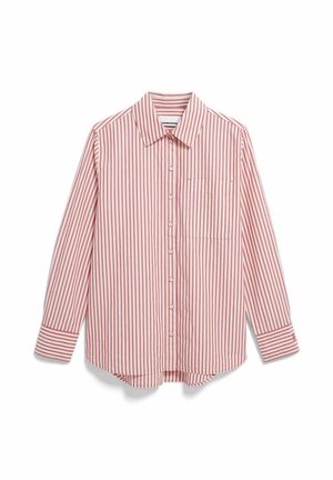 Red and white striped long-sleeve shirt with a collar, button front, chest pocket, and rounded hem. Soft fabric, lightweight texture.