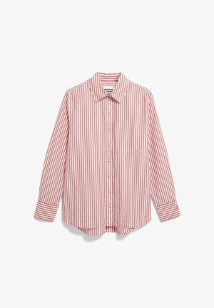 Red and white striped long-sleeve shirt with a collar, button front, chest pocket, and rounded hem. Soft fabric, lightweight texture.