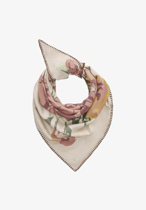 Licht beige driehoekige sjaal met roze en gele bloemenpatronen en een bruine gestikte rand, opgevouwen in een lus.