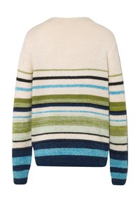 Gestreifter Strickpullover mit horizontalen Streifen in Creme, Grün, Schwarz und Blau. Rundhalsausschnitt und gerippter Saum mit unterschiedlichen Texturen.