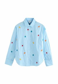 Light blue, striped button-up shirt with long sleeves. Features colorful fruit embroidery: strawberries, blueberries, and citrus accents.
