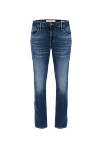 Dark blue denim jeans with a straight leg design, five pockets, and contrasting stitching details. Features a button closure and belt loops.