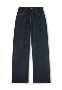 Mörka denimjeans med vida ben, prydda med små dekorativa hål över tyget och standard fem-fickors design.