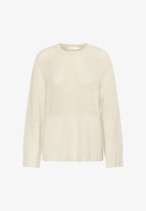 Sweter z dzianiny w kolorze off-white, o luźnym kroju, z teksturowanym wzorem, okrągłym dekoltem oraz ściągaczami przy mankietach i dolnej części.