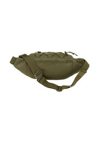 Borsa a tracolla verde oliva realizzata in tessuto resistente, con forma curva, tracolla regolabile e dettagli in cordino elastico sul fronte.