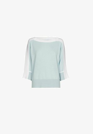 Lichtblauwe damestrui met witte strepen langs de brede 3/4 mouwlengte en halslijn, geribbelde zoom en manchetten.