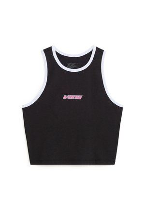 Černý krátký tílko s bílým lemováním a růžovým logem Vans na přední straně. Vyrobeno z měkké látky s hladkou strukturou. Bez rukávů.