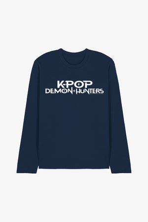 Navy blue long-sleeve shirt with white text reading "K-POP DEMON HUNTERS" centered on the front.