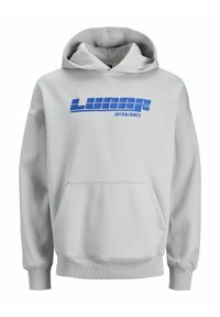 Sudadera gris clara con bolsillo frontal, que presenta un logotipo impreso en azul "LUNAR" y "JACK & JONES". Tejido suave y corte estándar.