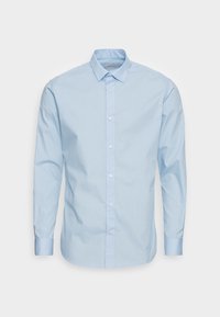 Camicia a maniche lunghe azzurro chiaro realizzata in misto cotone, con chiusura a bottoni frontale, colletto a punta e polsini singoli. Texture liscia, design casual.