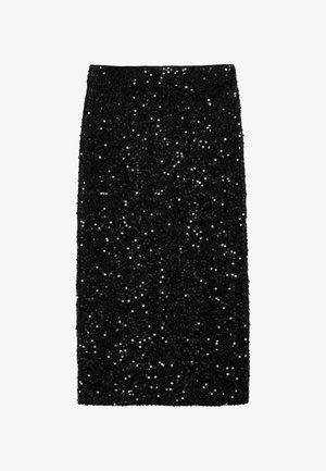 Jupe crayon noire recouverte de sequins noirs brillants, longueur genoux, taille haute et coupe droite.