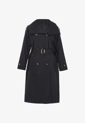 Trench coat nero con vita con cintura, davanti doppiopetto, colletto ampio e dettagli con bottoni. Realizzato in tessuto liscio, con maniche lunghe.