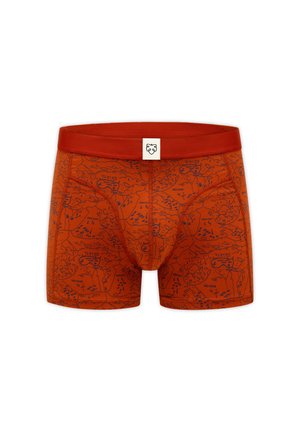 Boxer da uomo arancioni con stampa astratta di una mappa nera e fascia in vita arancione solida con una piccola etichetta bianca con logo di un leone.