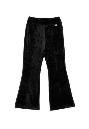 Czarne aksamitne spodnie dzwony z elastycznym pasem i małym serduszkowym logo z przodu po lewej stronie, o miękkiej, gładkiej fakturze.