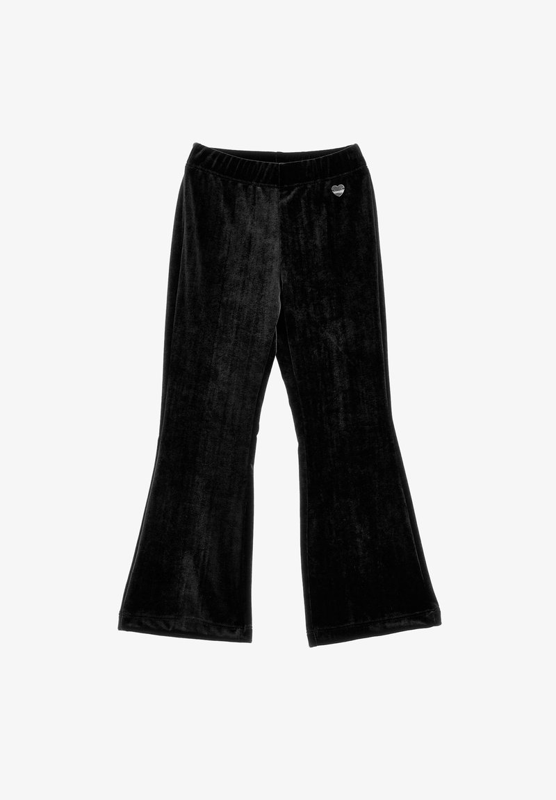 Pantalon évasé en velours noir avec une taille élastique et un petit logo en forme de cœur sur le côté avant gauche, présentant une texture douce et lisse.