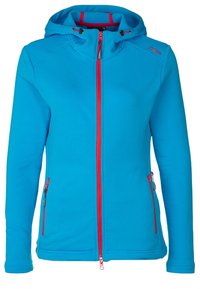 Turquoise hoodie-jack met een rode ritssluiting en accenten, voorzien van twee zijzakken en een trekkoordkap. Soepele stoftextuur.