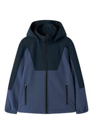 Veste enfant bleu et marine avec capuche, fermeture éclair frontale, deux poches latérales zippées et poignets élastiques aux manches.