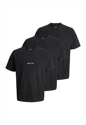 Drei schlichte schwarze T-Shirts mit kurzen Ärmeln und Rundhals, eines mit kleinem weißen Text „Originals Studio“ auf der Brust, übereinander angeordnet.