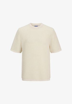 Crème-kleurig T-shirt met korte mouwen in een textuur gebreide patroon. Heeft een ronde halslijn en een rechte zoom.