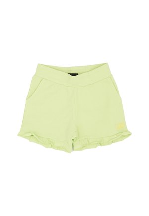 Short de couleur vert citron pâle, avec une large ceinture repliée, des poches latérales, des ourlets froncés et un petit logo sur la jambe droite.