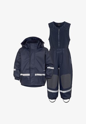 Navy vandtæt jakke- og bukse sæt med reflekterende striber, elastiske manchetter og holdbare gummistøvler, ideelt til våde vejrforhold.