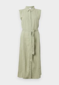 Sleeveless, buttoned dress in light green linen with a collar and belted waist. Features a straight-cut silhouette and side slits.