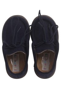 Scarpe di tessuto blu navy con punta arrotondata, design con lacci e soletta beige. Presentano una texture morbida e una suola in gomma per garantire comfort.