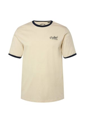 Kreemivärvigne puuvillane T-särk tumesinise krae ja varrukate aktsentidega. Rindses osas on "Portland miles" logo. Lühikesed varrukad, lõdvem istuvus.