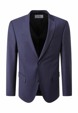 Marineblauer Blazer mit Revers und zwei Vorderfächern, ausgestattet mit einem Ein-Knopf-Verschluss und einem schwarzen Innenfutter.