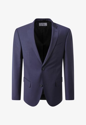 Marineblauwe blazer met gegoten revers en twee voorzakken, voorzien van een enkele knoopsluiting en een zwarte binnenvoering.