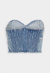 Denim korzetový top v různých odstínech modré, s nařasenou texturou, výstřihem ve tvaru srdce a s zadním zipovým zapínáním.