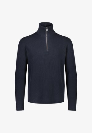 Maglione a coste blu navy con maniche lunghe e collo alto con una corta cerniera argentata al centro davanti.