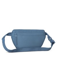 Kék textil válltáska sima felülettel, cipzáras rekesszel és állítható pánttal, tartós csattal. Egyszerű, funkcionális dizájn.