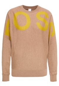 Beige Sweatshirt mit großen gelben Buchstaben 'OS' und '40' in einem auffälligen Design, aus weichem Stoff mit einem Rundhalsausschnitt und gerippten Bündchen.