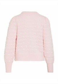 Pull en maille rose clair avec des points texturés en relief, manches longues, poignets côtelés, ourlet côtelé et un col rond, vu de dos.
