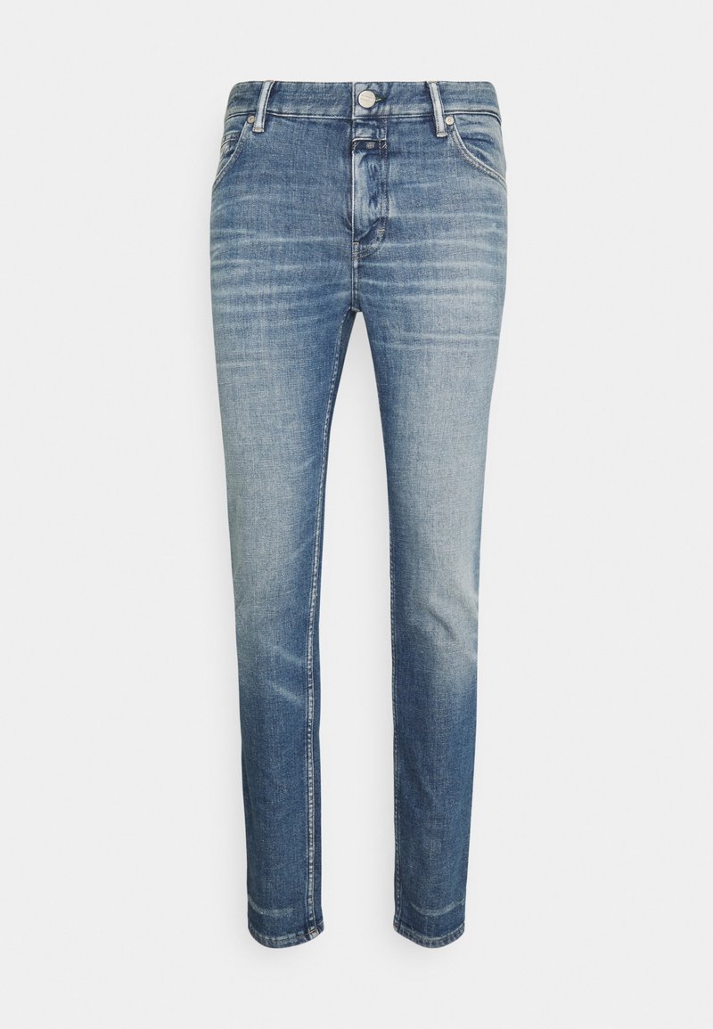 Blue slim-fit jeans with faded wash, front pockets, button and zipper closure, displayed against a white background.