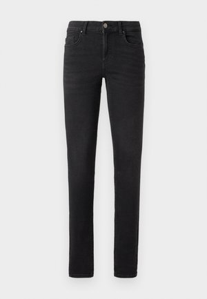 Zwarte denim jeans met een slim fit, voorzien van een voorknopsluiting, vier zakken en een gladde textuur. Geen zichtbare patronen of versieringen.