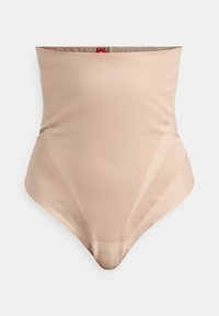 Beige high-waisted shapewear gemaakt van soepel, rekbaar materiaal met een naadloos ontwerp. Beschikt over een comfortabele tailleband en laag uitgesneden beenopeningen.